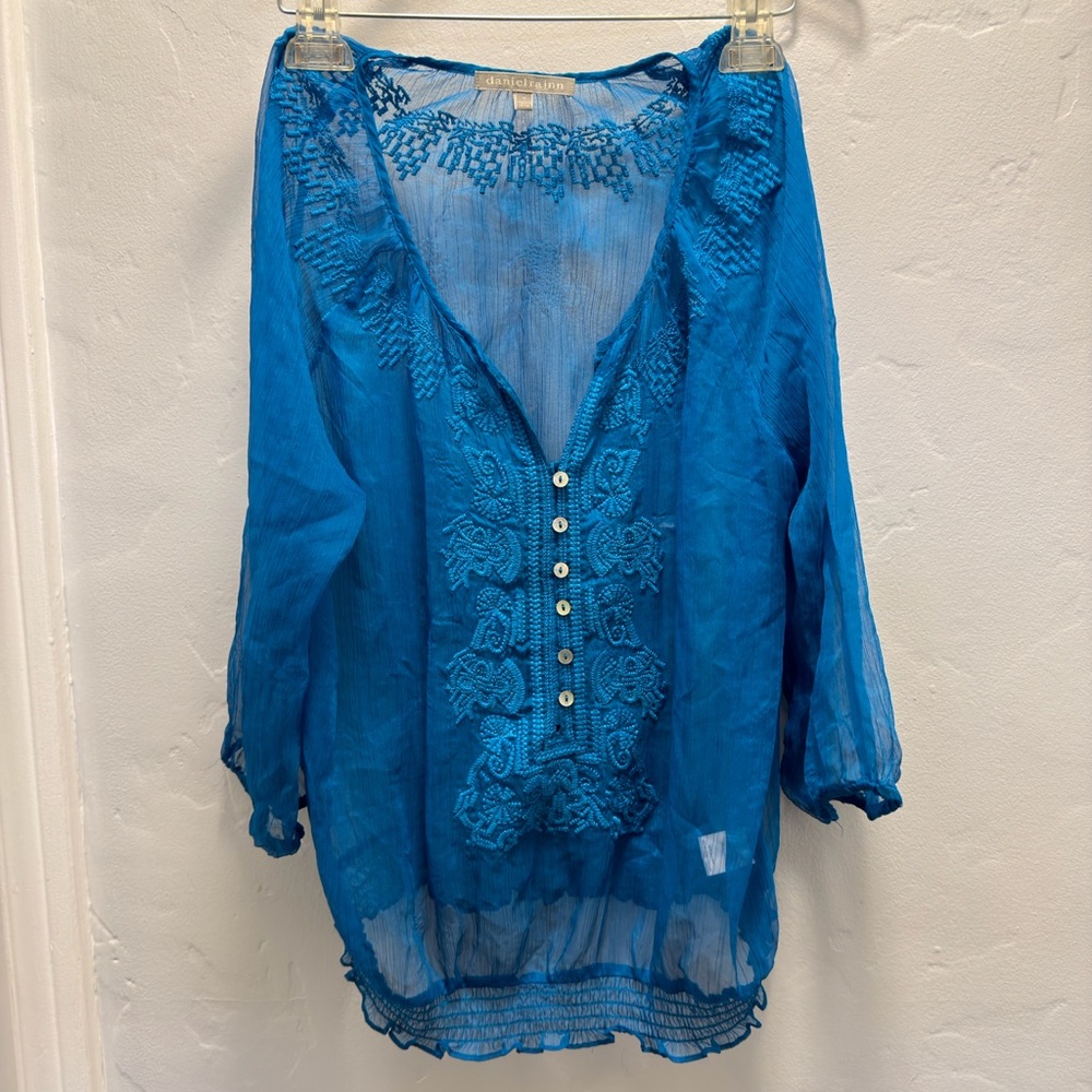 Daniel Rainn Teal Sheer Blouse with Embroidery